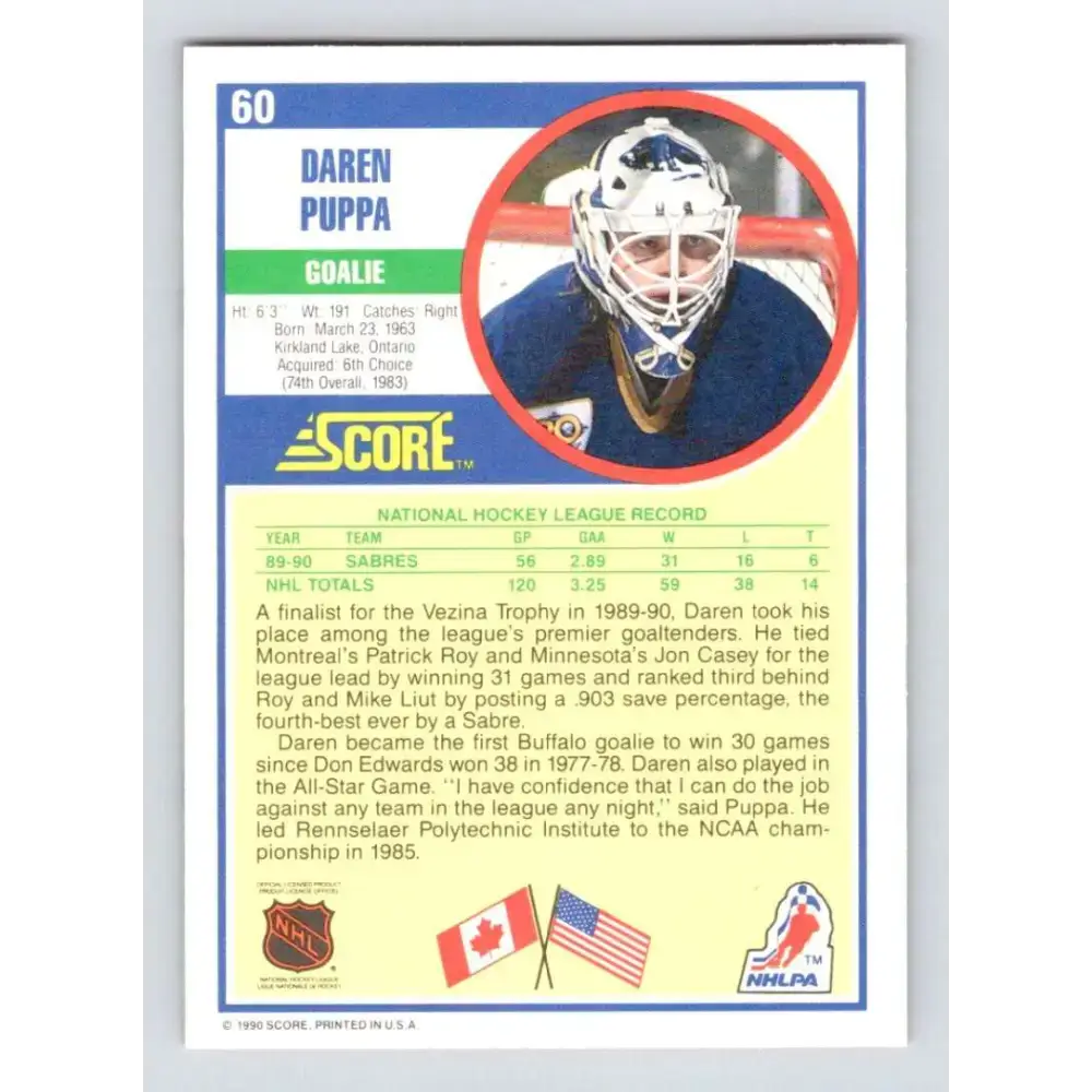 1990-91 Score #60 Daren Puppa NM-MT Buffalo Sabres Hockey Card - Hockey Card Single