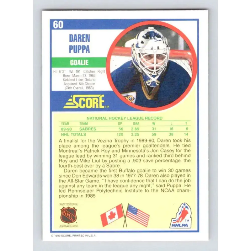 1990-91 Score #60 Daren Puppa NM-MT Buffalo Sabres Hockey Card - Hockey Card Single