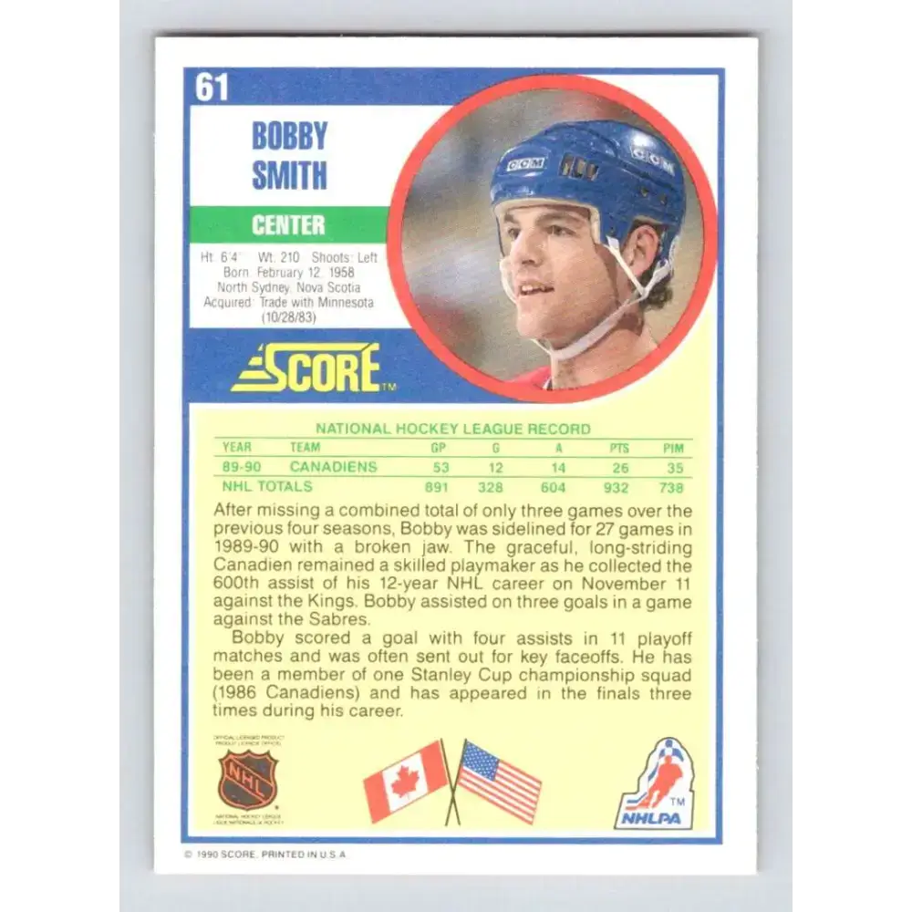 1990-91 Score #61 Bobby Smith NM-MT Montreal Canadiens Hockey Card - Hockey Card Single
