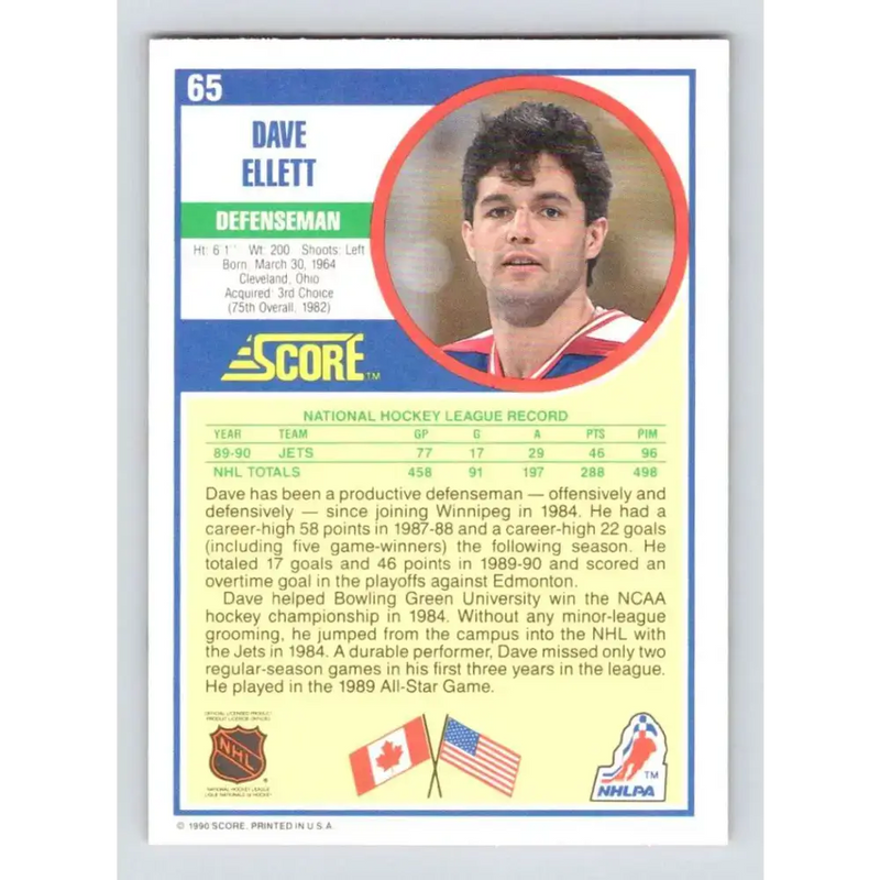 1990-91 Score #65 Dave Ellett NM-MT Winnipeg Jets Hockey Card - Hockey Card Single