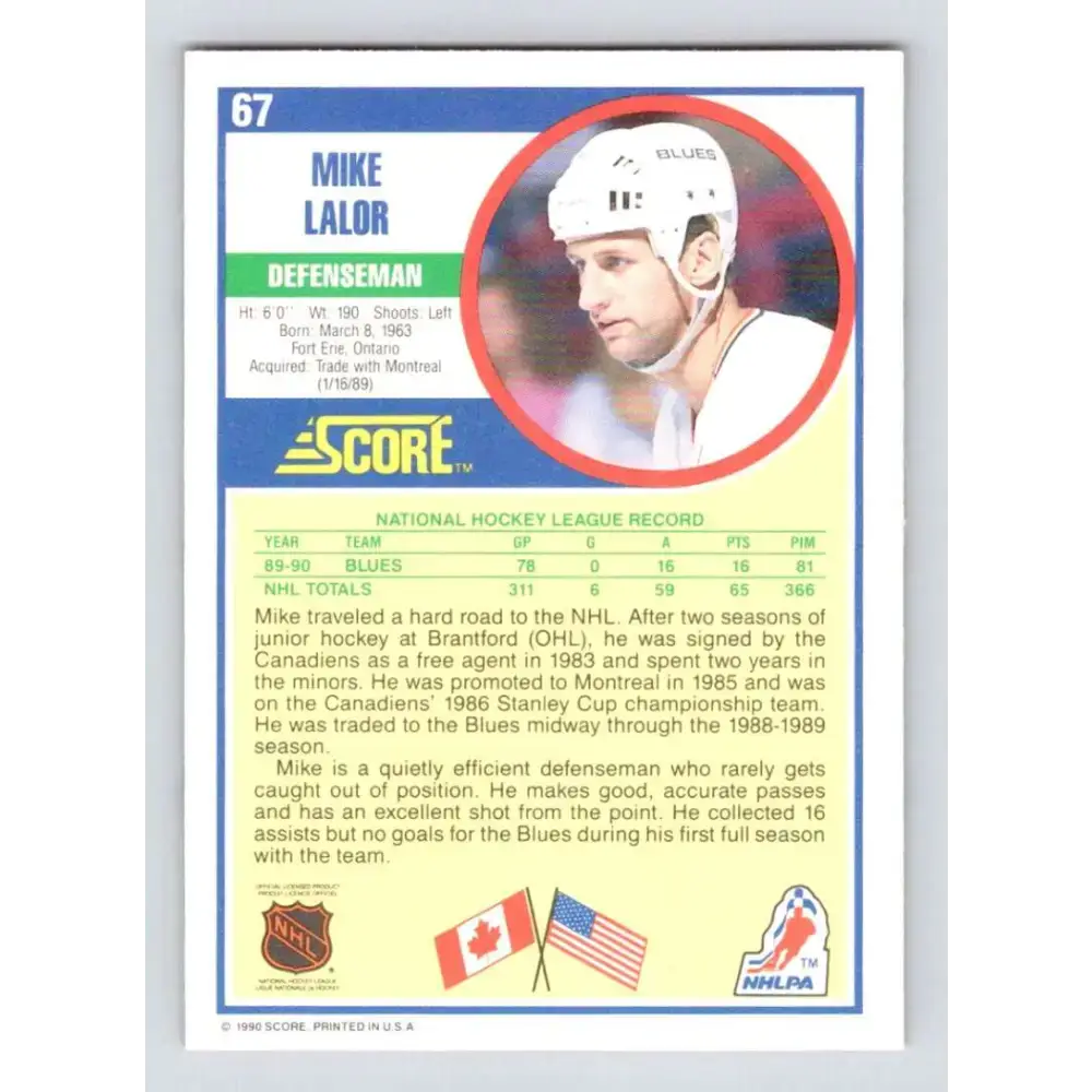 1990-91 Score #67 Mike Lalor NM-MT RC Rookie St. Louis Blues Hockey Card - Hockey Card Single