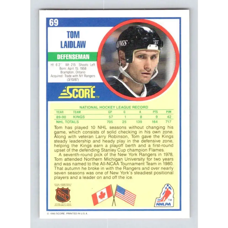 1990-91 Score #69 Tom Laidlaw NM-MT Los Angeles Kings Hockey Card - Hockey Card Single