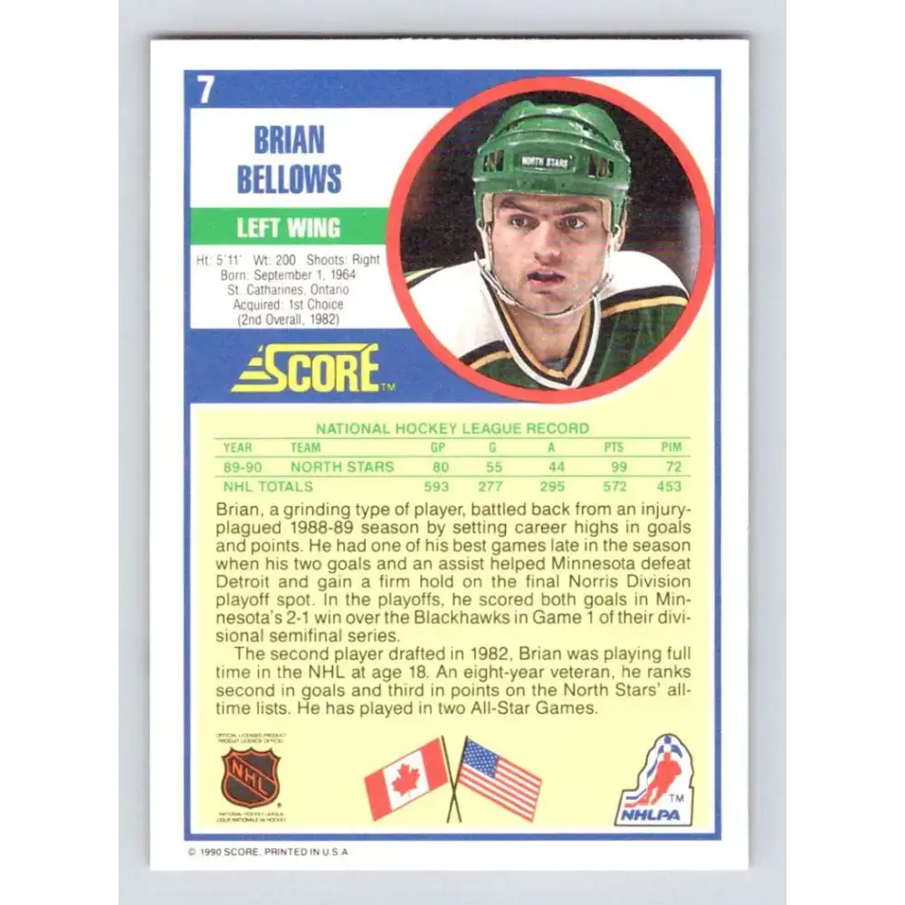 1990-91 Score #7 Brian Bellows NM-MT Minnesota North Stars Hockey Card