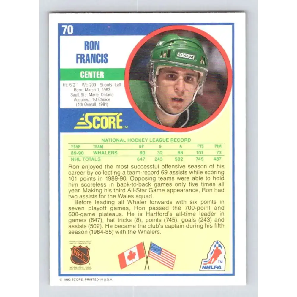 1990-91 Score #70 Ron Francis NM-MT Hartford Whalers Hockey Card - Hockey Card Single