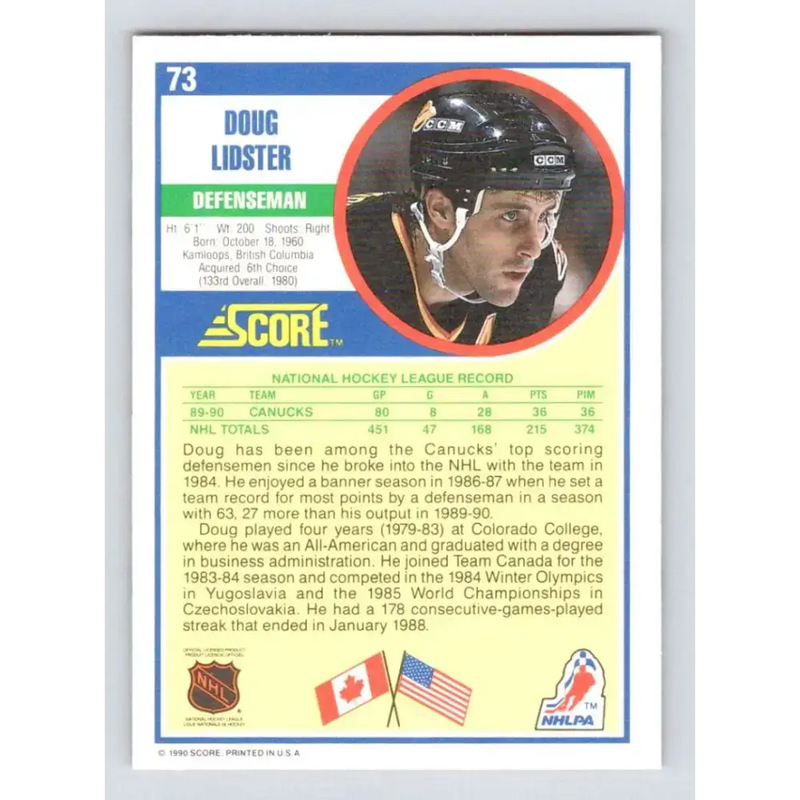 1990-91 Score #73 Doug Lidster NM-MT Vancouver Canucks Hockey Card - Hockey Card Single