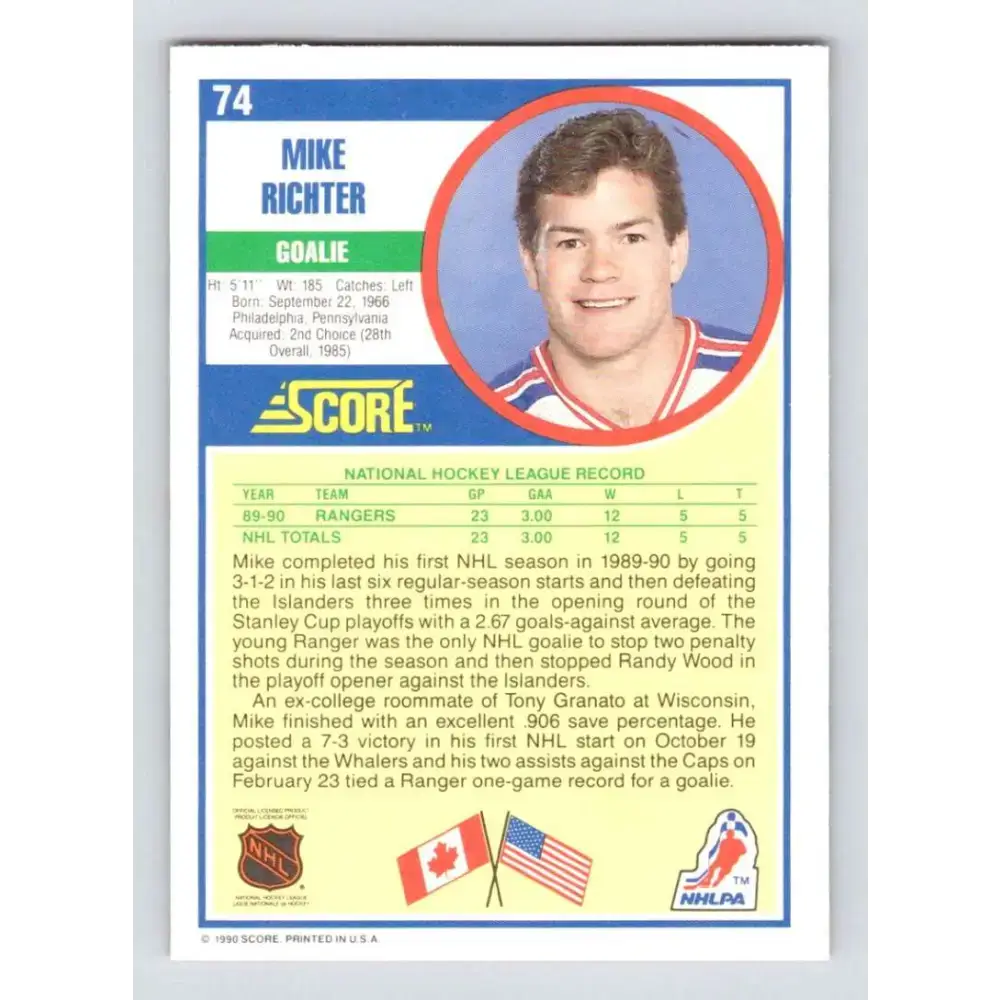 1990-91 Score #74 Mike Richter NM-MT RC Rookie New York Rangers Hockey Card