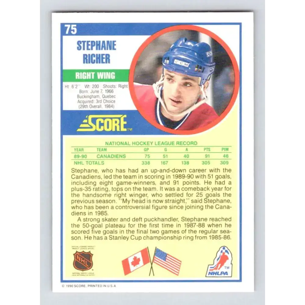 1990-91 Score #75 Stephane Richer NM-MT Montreal Canadiens Hockey Card - Hockey Card Single