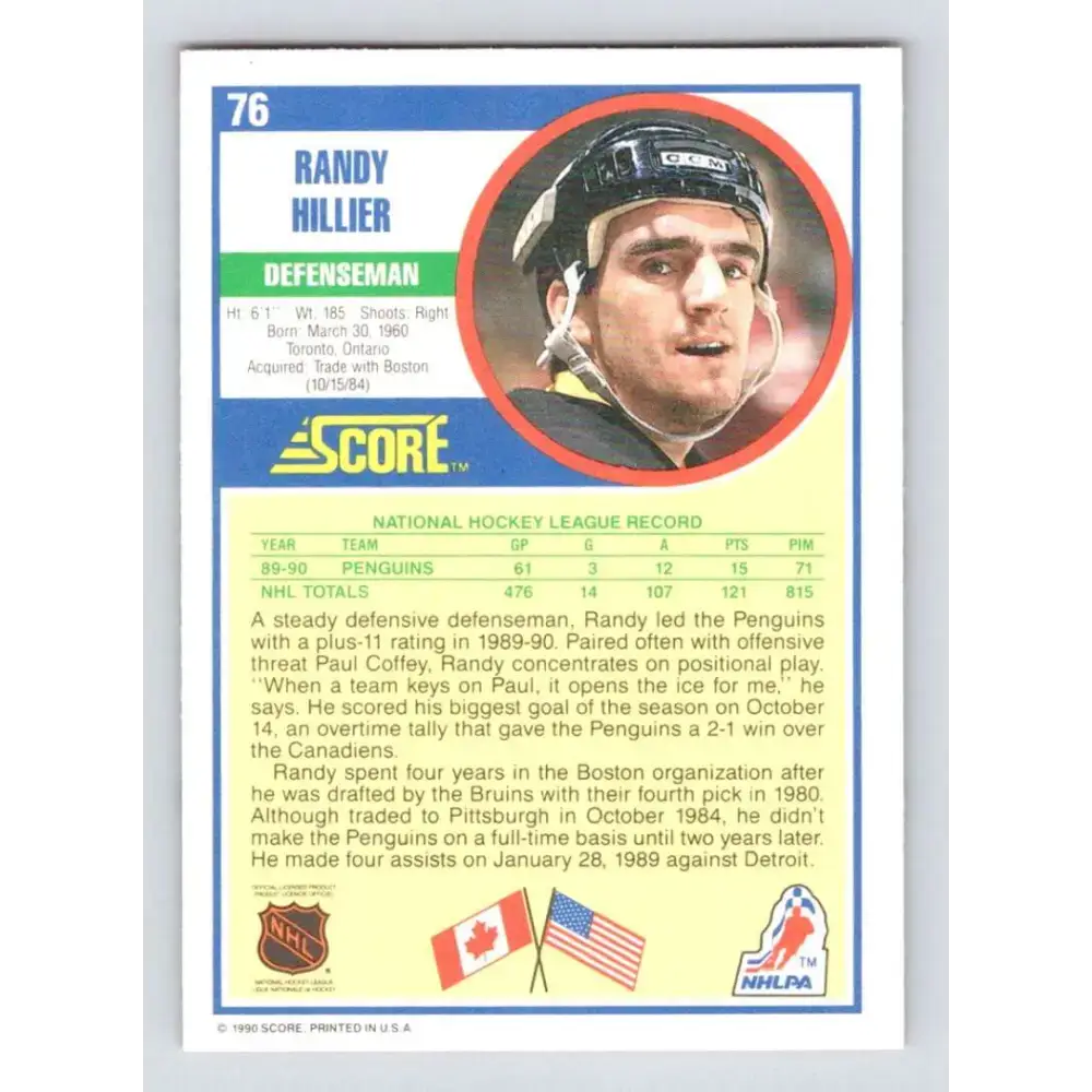 1990-91 Score #76 Randy Hillier NM-MT Pittsburgh Penguins Hockey Card - Hockey Card Single