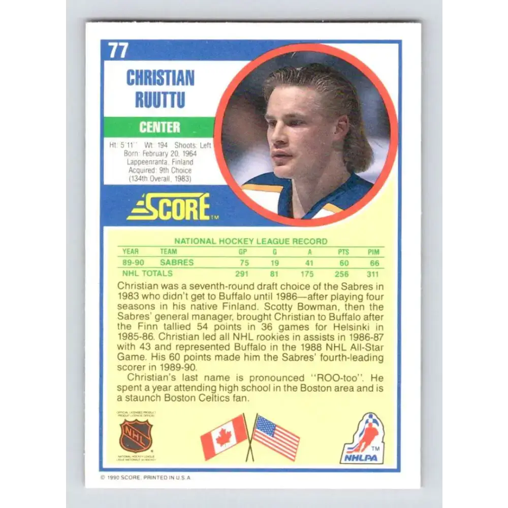 1990-91 Score #77 Christian Ruuttu NM-MT Buffalo Sabres Hockey Card - Hockey Card Single