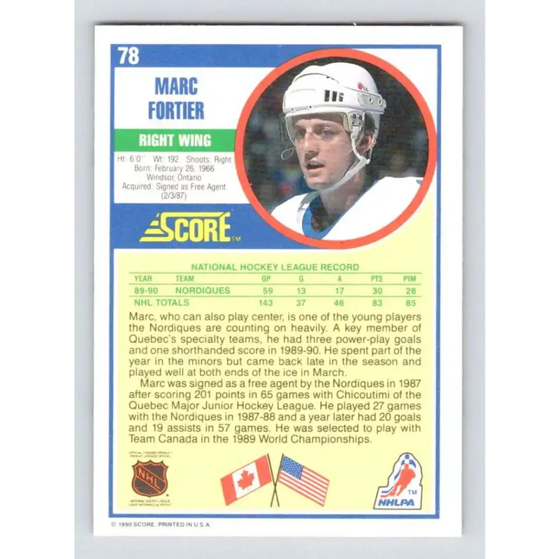 1990-91 Score #78 Marc Fortier NM-MT Quebec Nordiques Hockey Card - Hockey Card Single