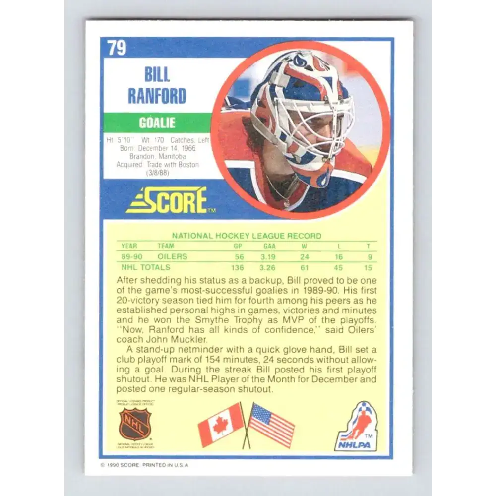 1990-91 Score #79 Bill Ranford NM-MT Edmonton Oilers Hockey Card - Hockey Card Single