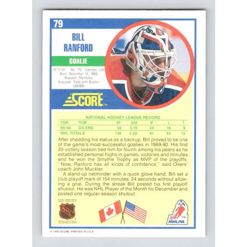 1990-91 Score #79 Bill Ranford NM-MT Edmonton Oilers Hockey Card - Hockey Card Single