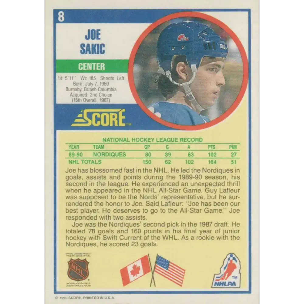 1990-91 Score #8 Joe Sakic NM-MT Quebec Nordiques Hockey Card - Hockey Card Single