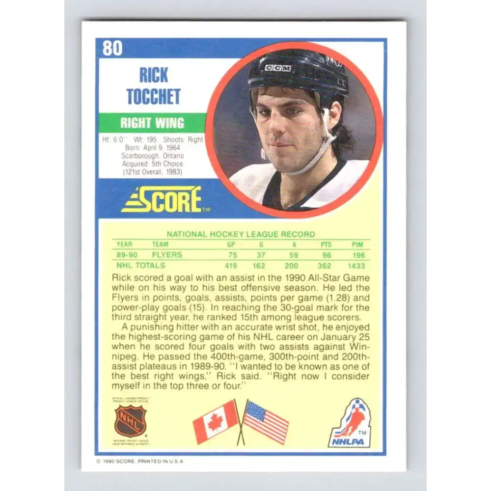 1990-91 Score #80 Rick Tocchet NM-MT Philadelphia Flyers Hockey Card - Hockey Card Single