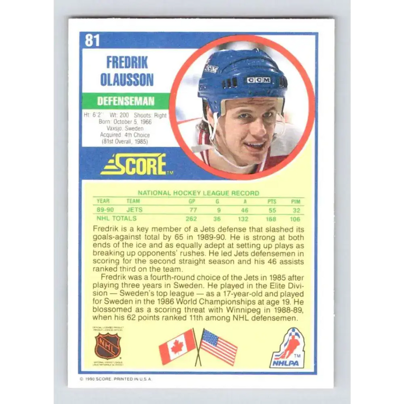 1990-91 Score #81 Fredrik Olausson NM-MT Winnipeg Jets Hockey Card - Hockey Card Single