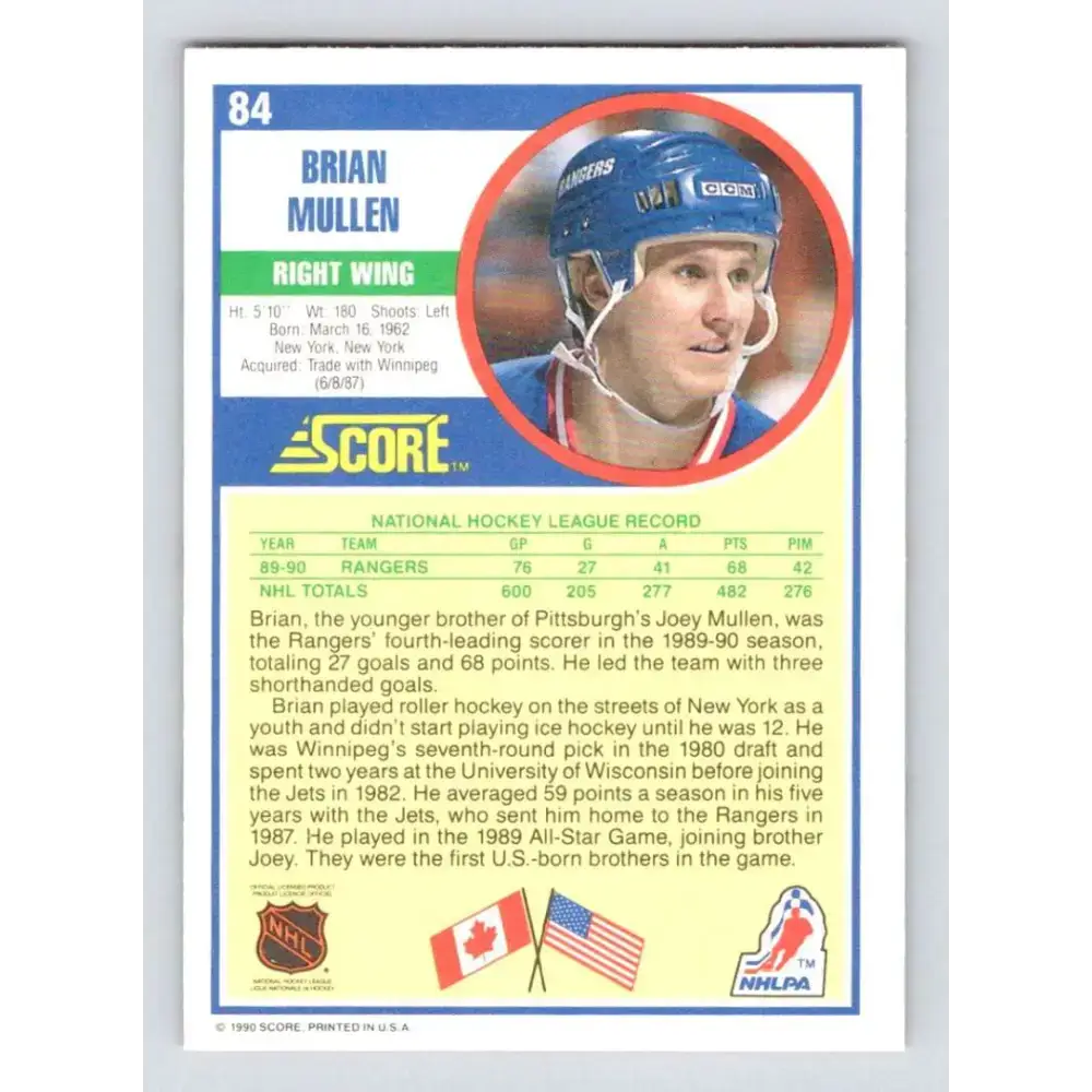 1990-91 Score #84 Brian Mullen NM-MT New York Rangers Hockey Card - Hockey Card Single