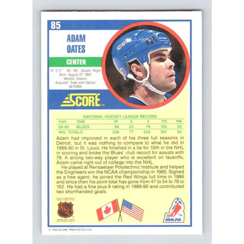 1990-91 Score #85 Adam Oates NM-MT St. Louis Blues Hockey Card - Hockey Card Single