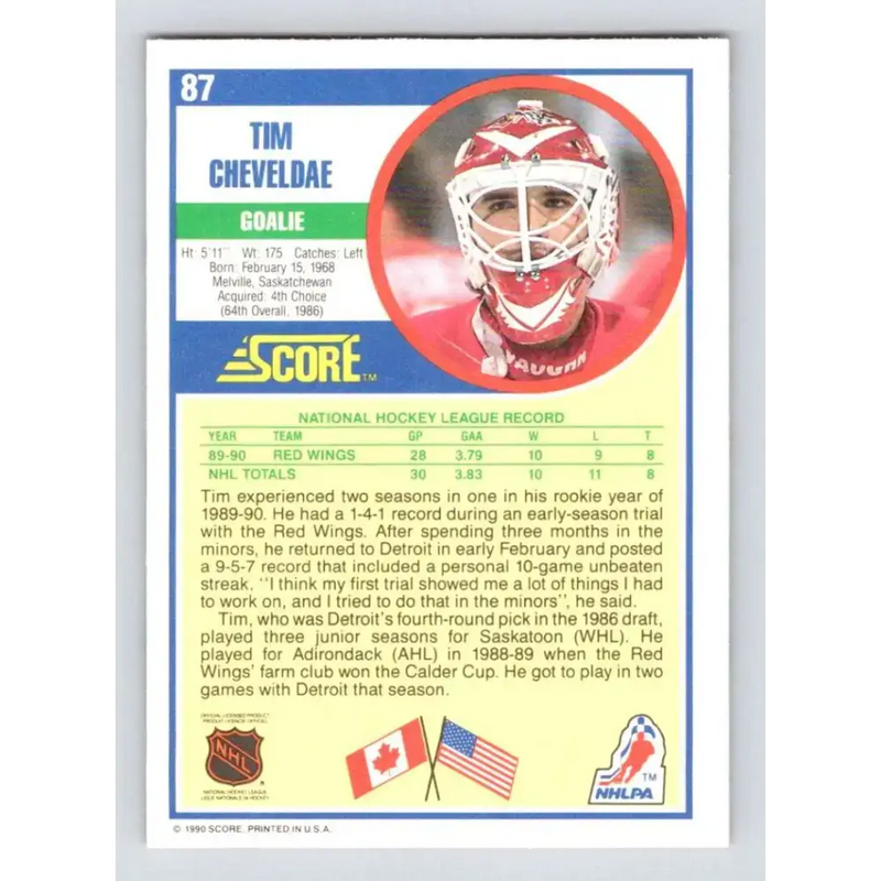 1990-91 Score #87 Tim Cheveldae NM-MT RC Rookie Detroit Red Wings Hockey Card - Hockey Card Single