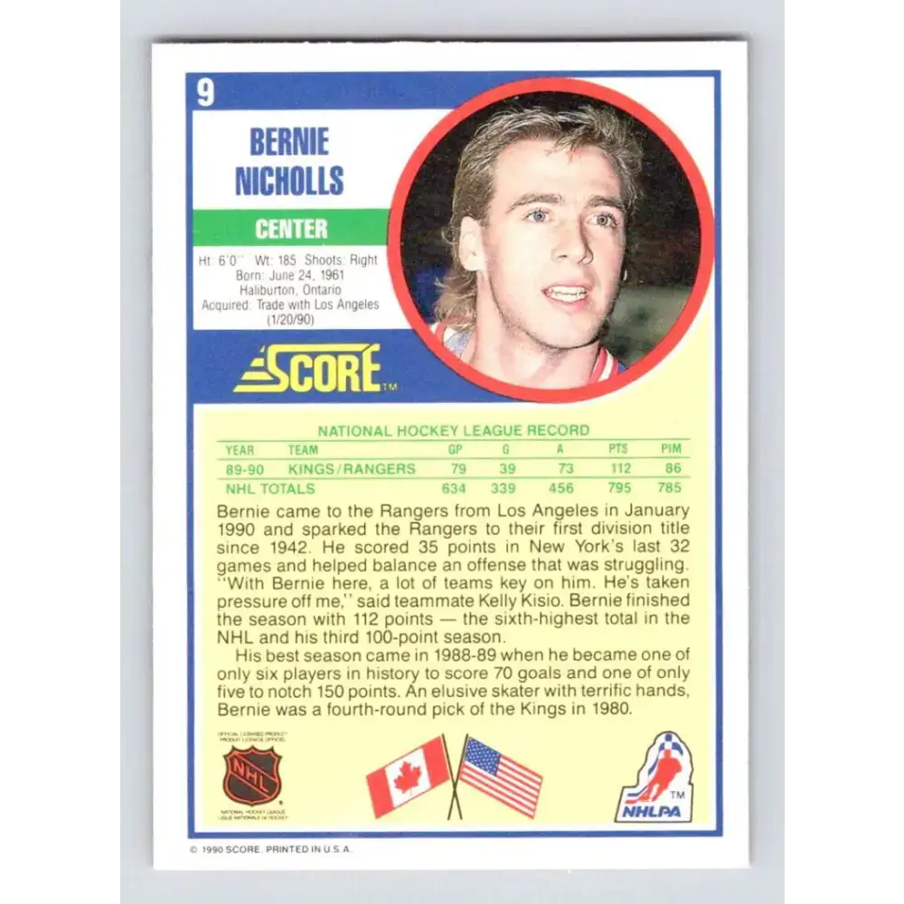 1990-91 Score #9 Bernie Nicholls NM-MT New York Rangers Hockey Card