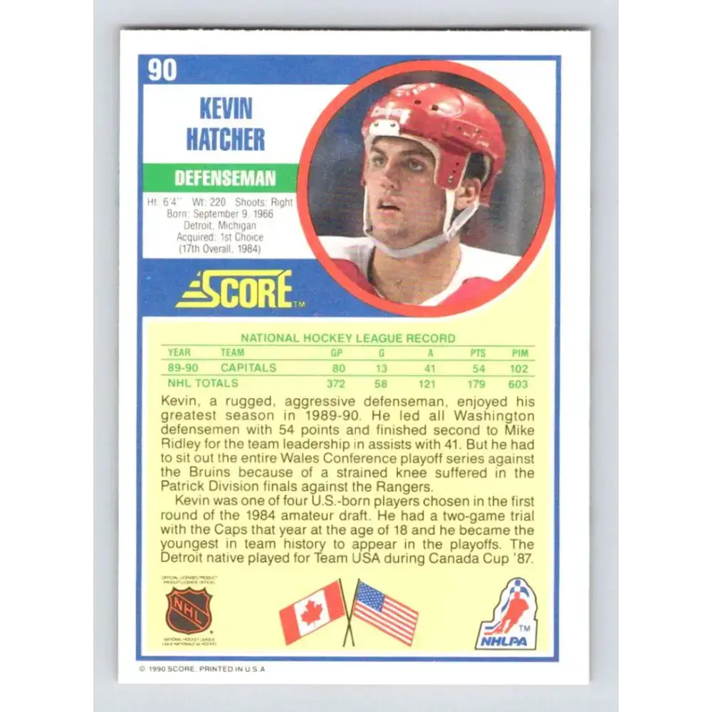 1990-91 Score #90 Kevin Hatcher NM-MT Washington Capitals Hockey Card - Hockey Card Single
