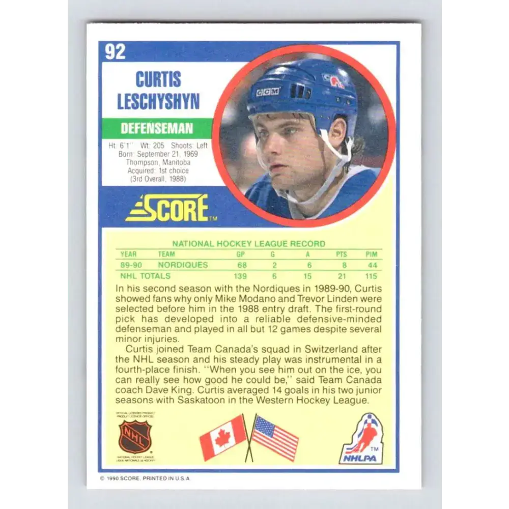 1990-91 Score #92 Curtis Leschyshyn NM-MT RC Rookie Quebec Nordiques Hockey Card - Hockey Card Single