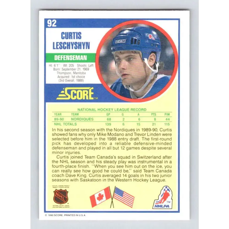 1990-91 Score #92 Curtis Leschyshyn NM-MT RC Rookie Quebec Nordiques Hockey Card - Hockey Card Single