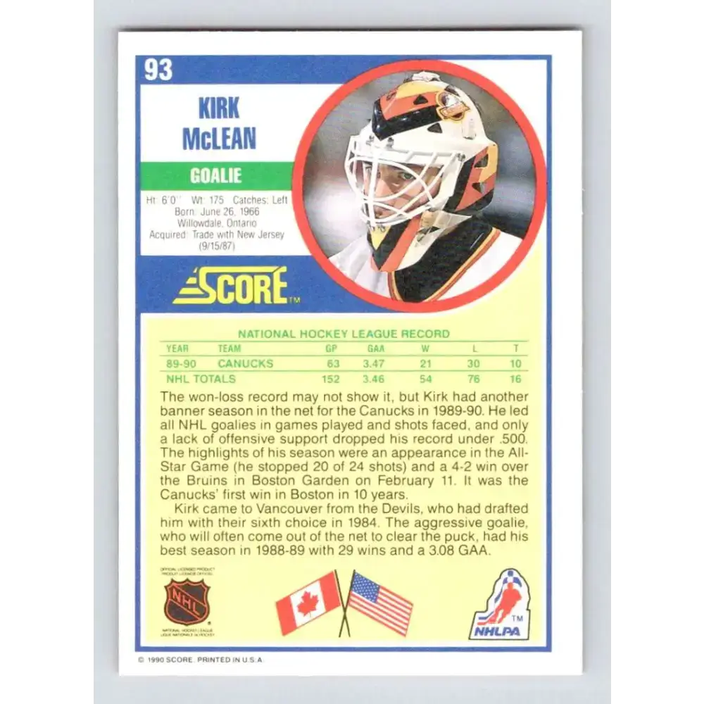 1990-91 Score #93 Kirk McLean NM-MT Vancouver Canucks Hockey Card - Hockey Card Single