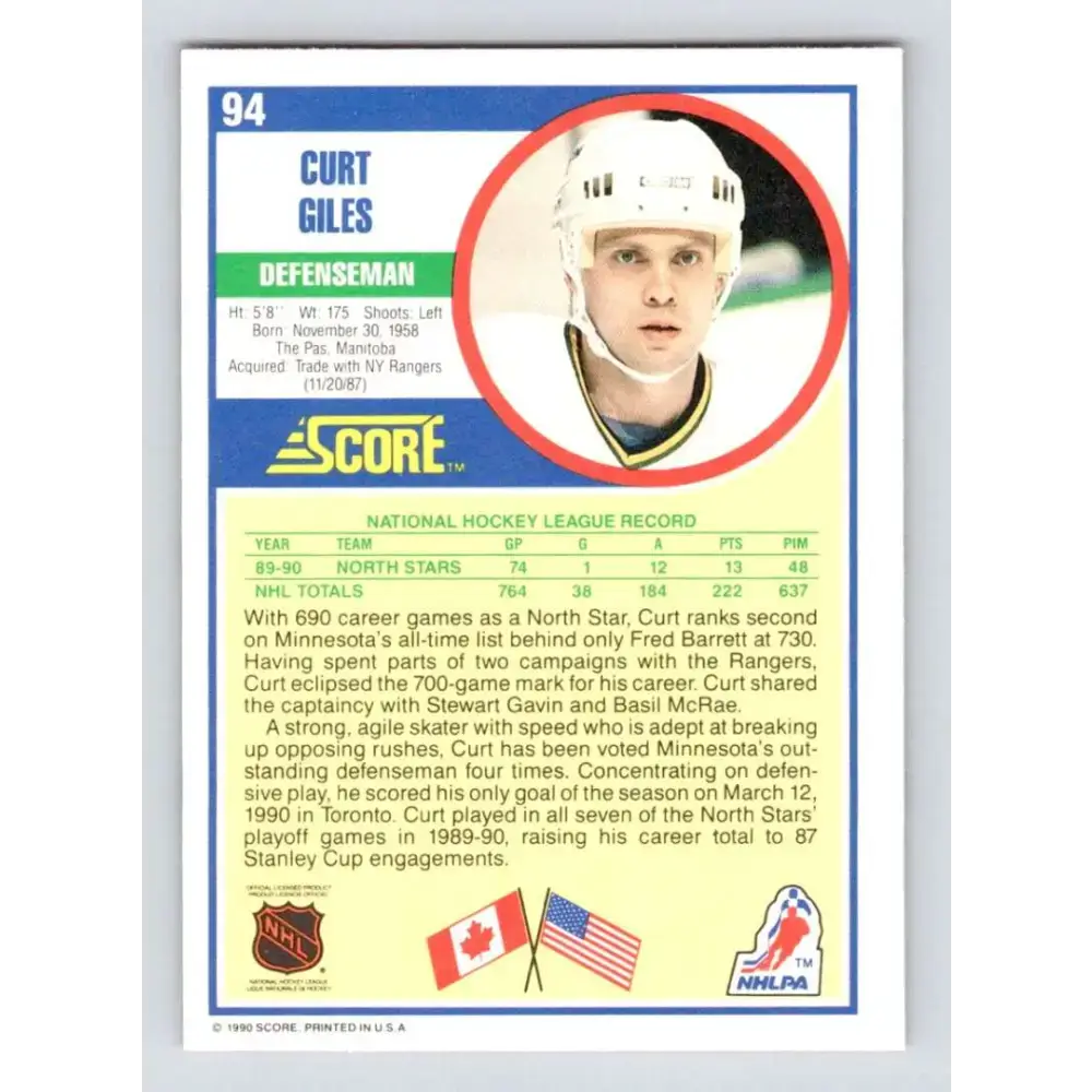 1990-91 Score #94 Curt Giles NM-MT Minnesota North Stars Hockey Card - Hockey Card Single