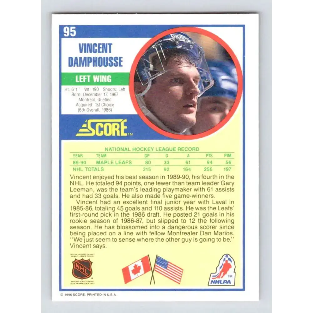1990-91 Score #95 Vincent Damphousse NM-MT Toronto Maple Leafs Hockey Card - Hockey Card Single
