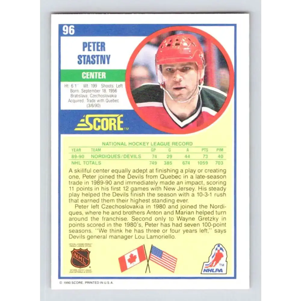 1990-91 Score #96 Peter Stastny NM-MT New Jersey Devils Hockey Card - Hockey Card Single