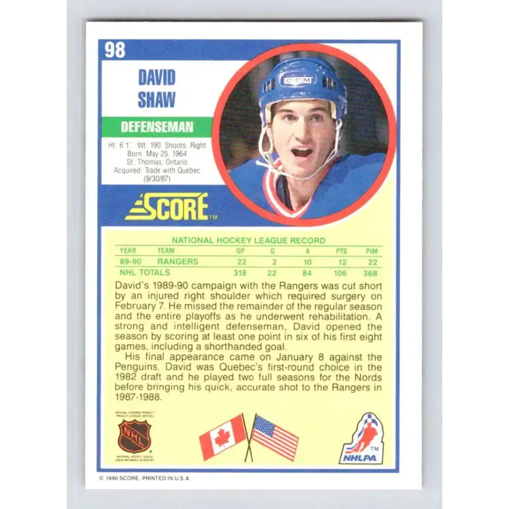 1990-91 Score #98 David Shaw NM-MT New York Rangers Hockey Card - Hockey Card Single