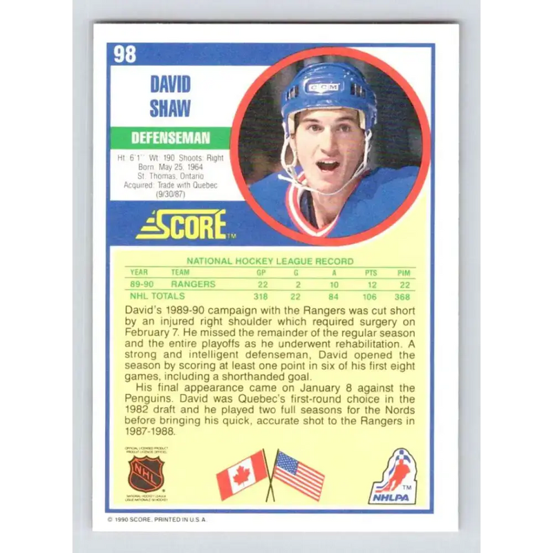 1990-91 Score #98 David Shaw NM-MT New York Rangers Hockey Card - Hockey Card Single
