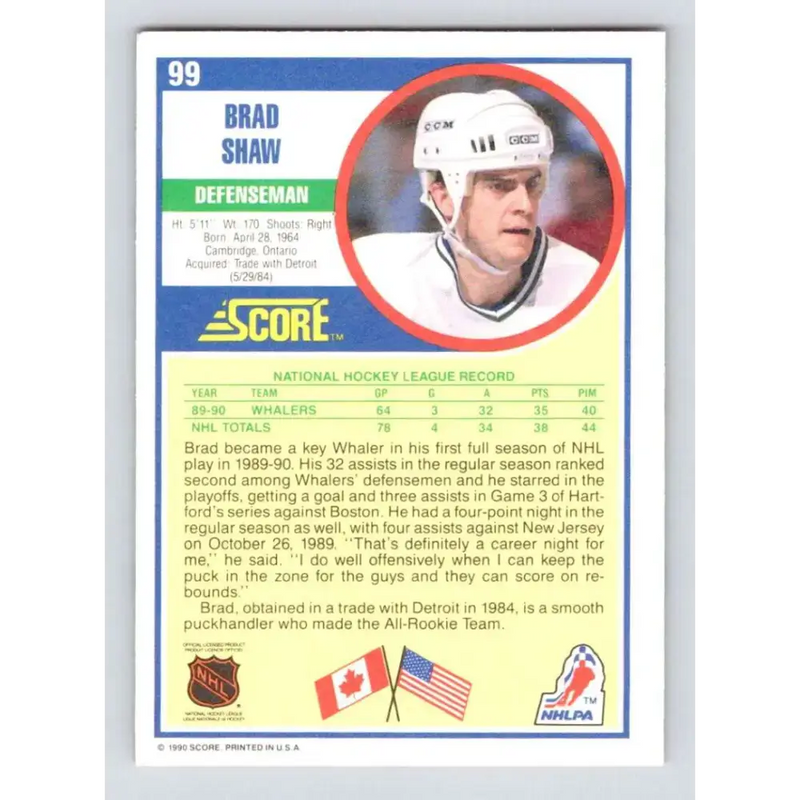 1990-91 Score #99 Brad Shaw NM-MT RC Rookie Hartford Whalers Hockey Card - Hockey Card Single