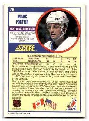Marc Fortier hockey card from 1990-91 Score American trading cards collection
