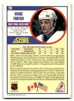 Hockey card back of 1990-91 Score American #78 Marc Fortier trading card