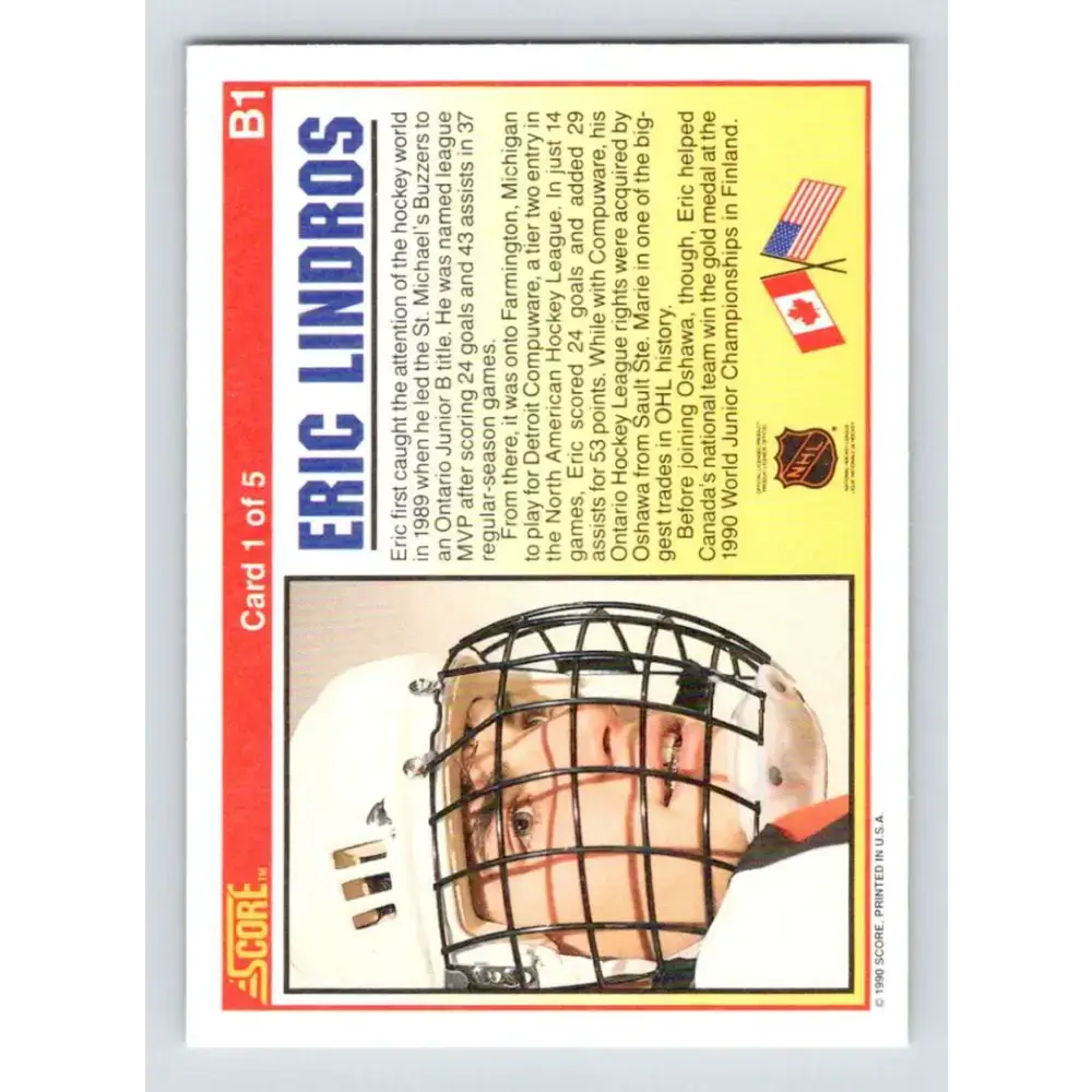 1990-91 Score #B1 Eric Lindros NM-MT St. Michael’s Buzzers Hockey Card - Hockey Card Single