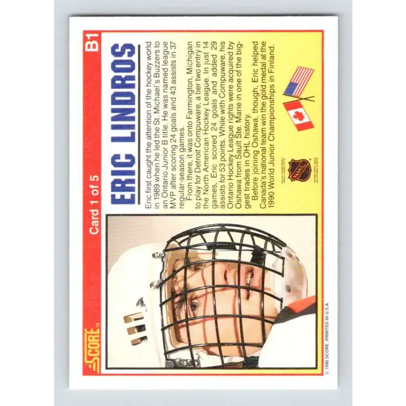 1990-91 Score #B1 Eric Lindros NM-MT St. Michael’s Buzzers Hockey Card - Hockey Card Single