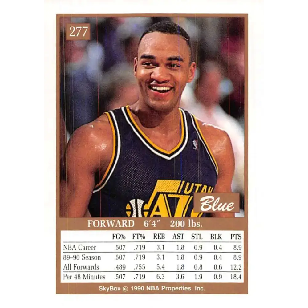 1990-91 SkyBox #277 Blue Edwards EX Excellent RC Rookie Utah Jazz Basketball Card - Basketball Card Single