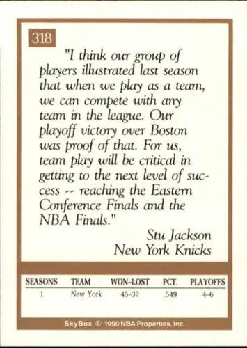 Original gloss Stu Jackson basketball card from 1990-91 SkyBox Knicks collection