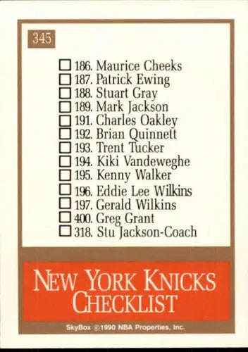 Original gloss New York Knicks checklist card from 1990-91 SkyBox featuring Simply Sandoval