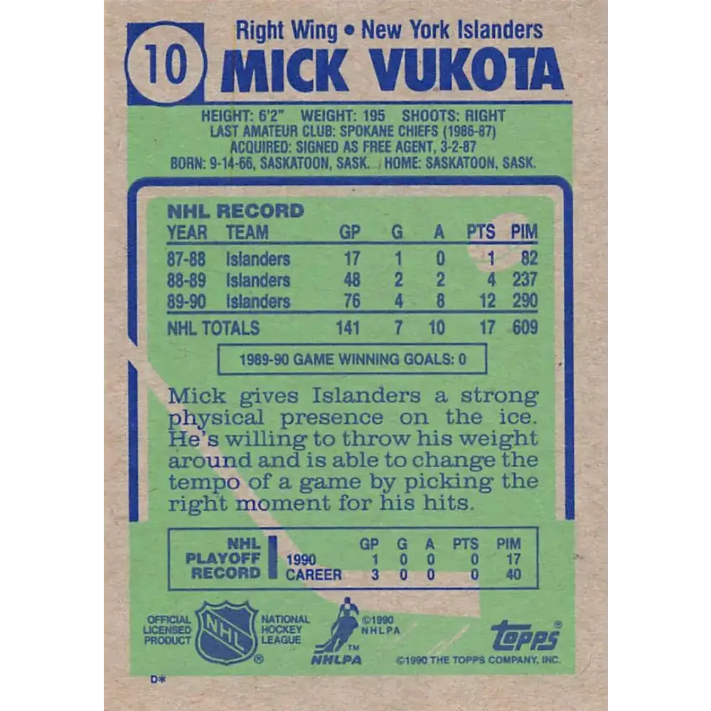 1990-91 Topps #10 Mick Vukota NM-MT New York Islanders Hockey Card - Hockey Card Single