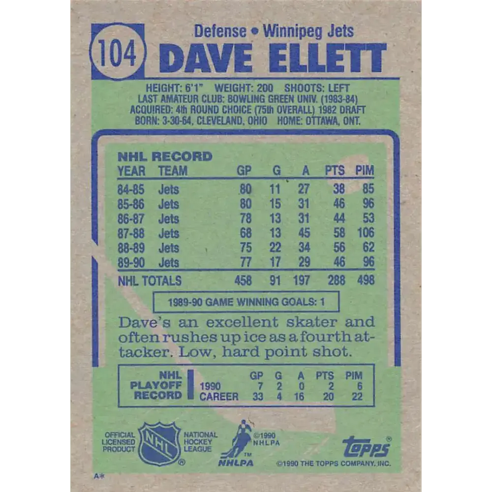 1990-91 Topps #104 Dave Ellett NM-MT Hockey Card