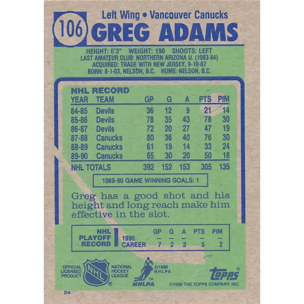 1990-91 Topps #106 Greg Adams NM-MT Vancouver Canucks Hockey Card - Hockey Card Single