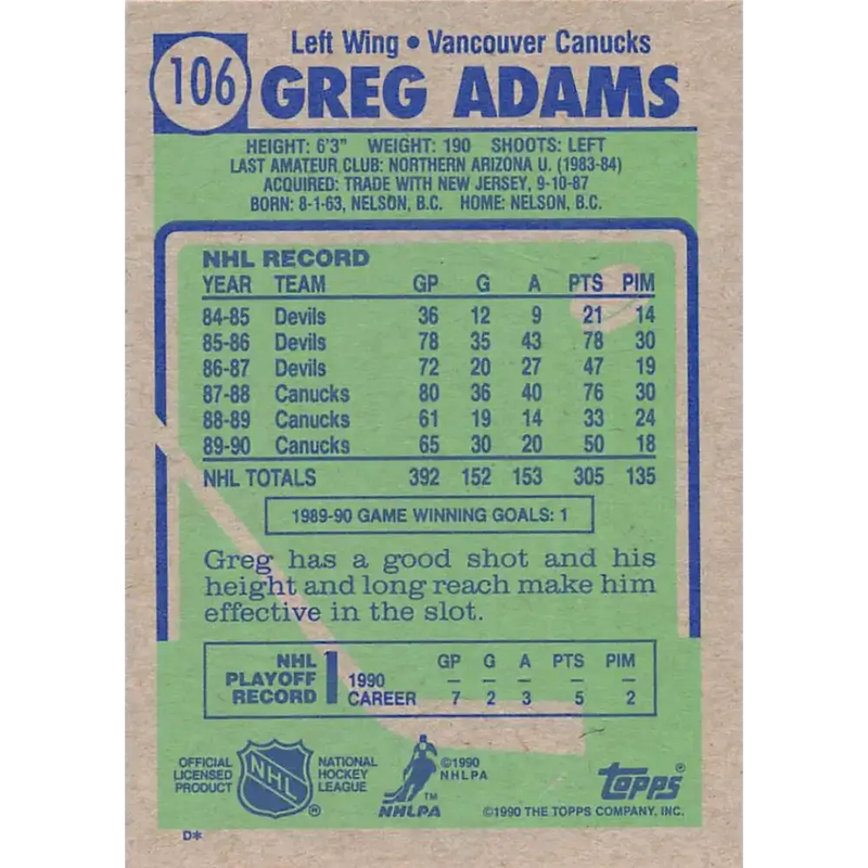 1990-91 Topps #106 Greg Adams NM-MT Vancouver Canucks Hockey Card - Hockey Card Single