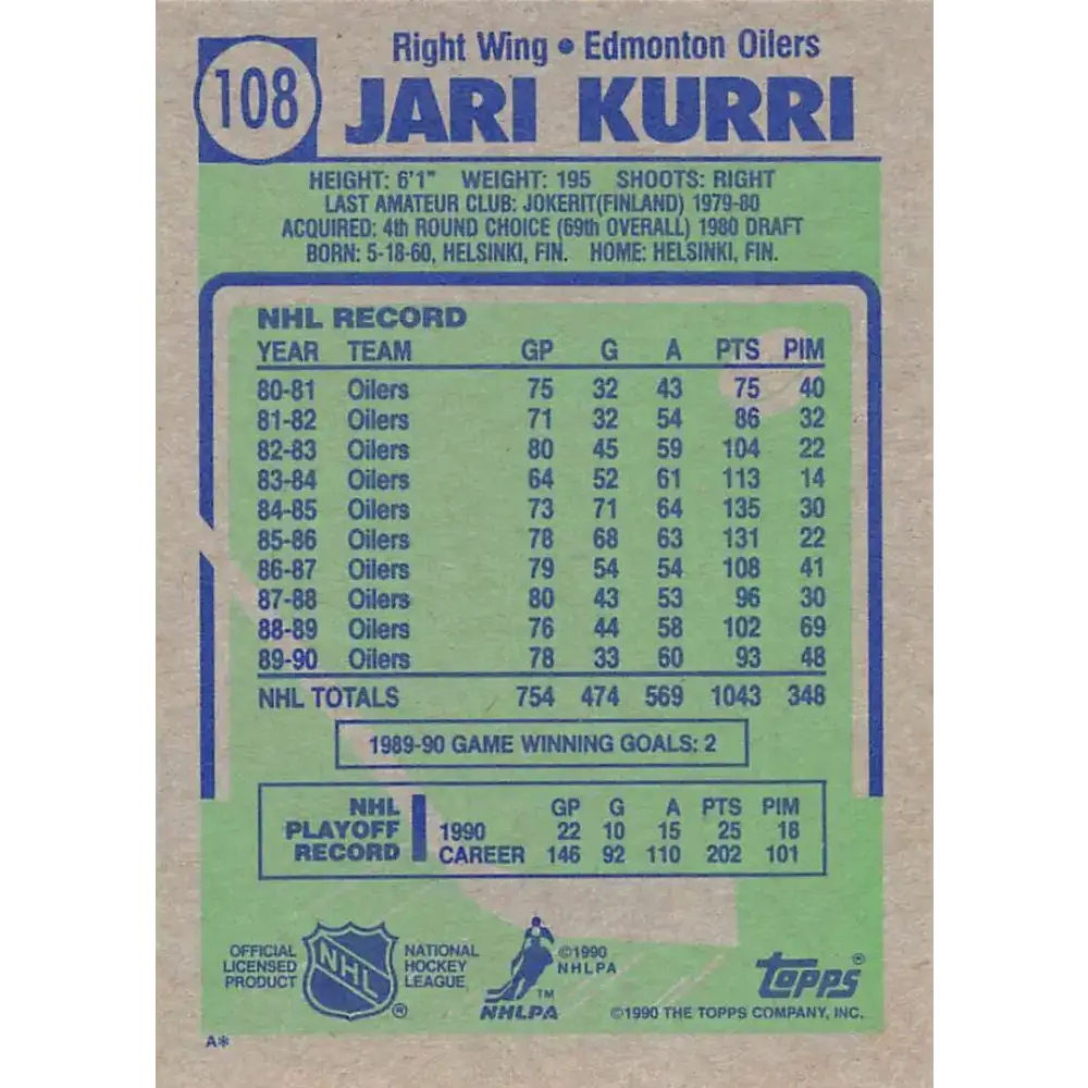 1990-91 Topps #108 Jari Kurri NM-MT Edmonton Oilers Hockey Card - Hockey Card Single