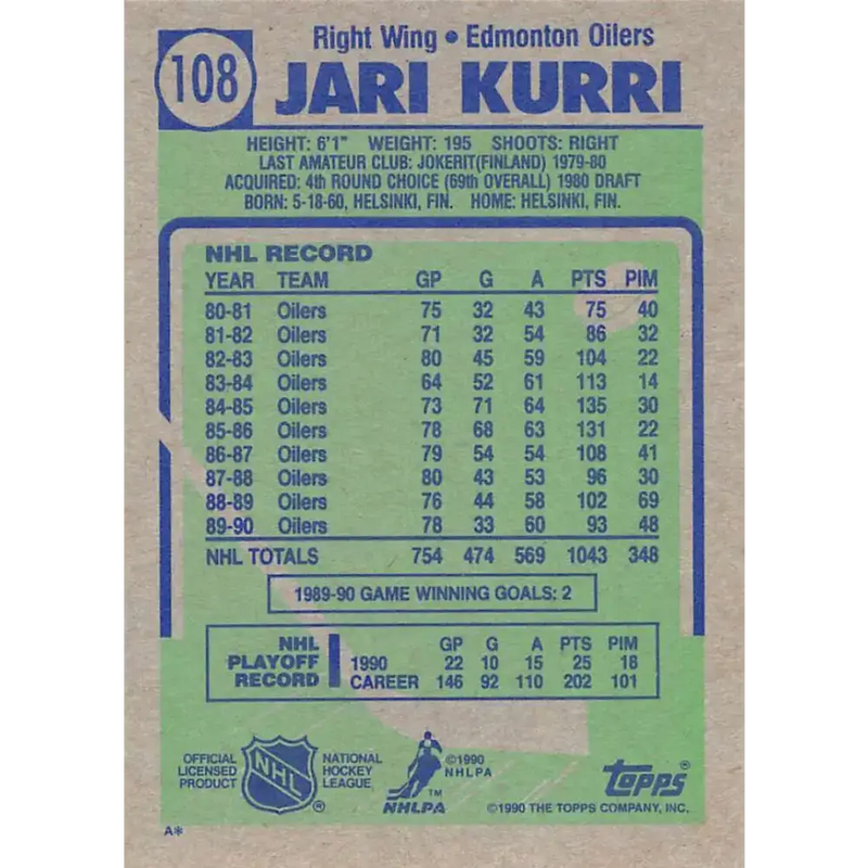 1990-91 Topps #108 Jari Kurri NM-MT Edmonton Oilers Hockey Card - Hockey Card Single