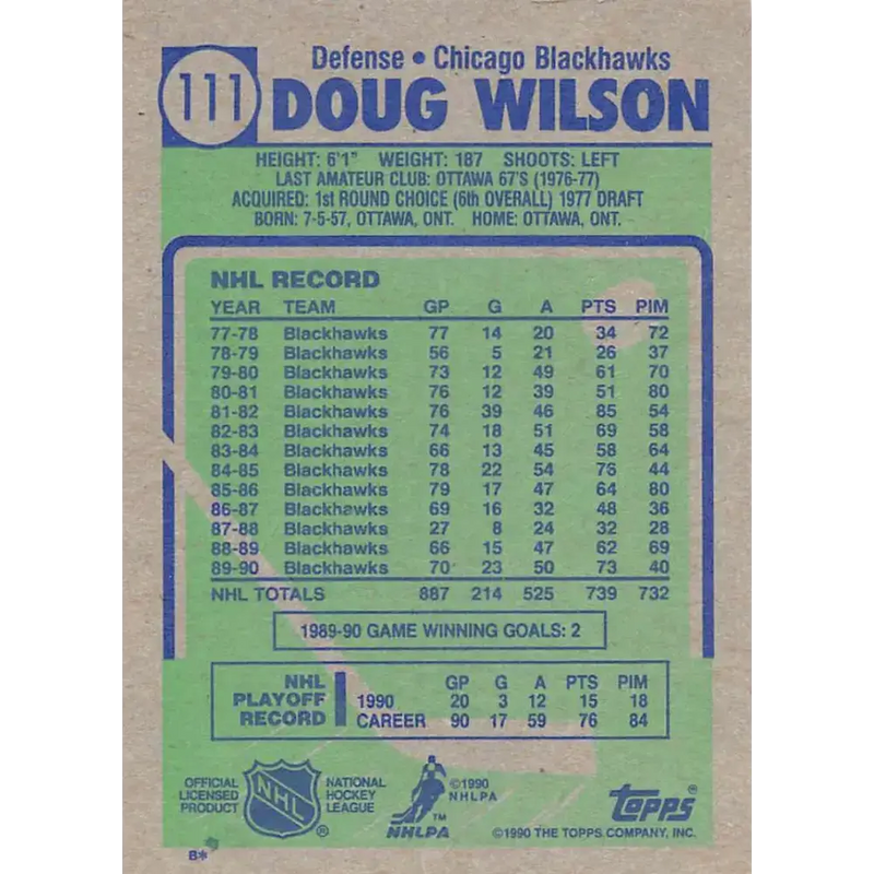1990-91 Topps #111 Doug Wilson NM-MT Chicago Blackhawks Hockey Card - Hockey Card Single