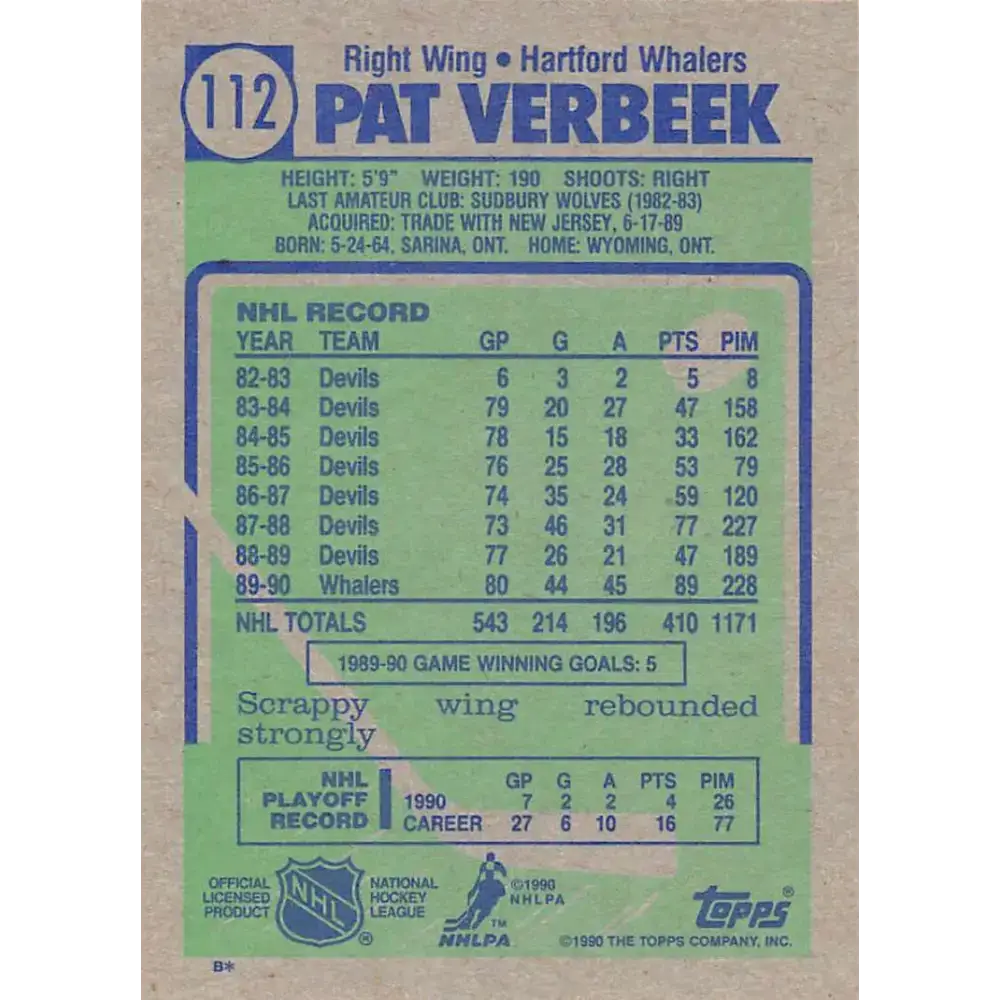 1990-91 Topps #112 Pat Verbeek NM-MT Hartford Whalers Hockey Card - Hockey Card Single