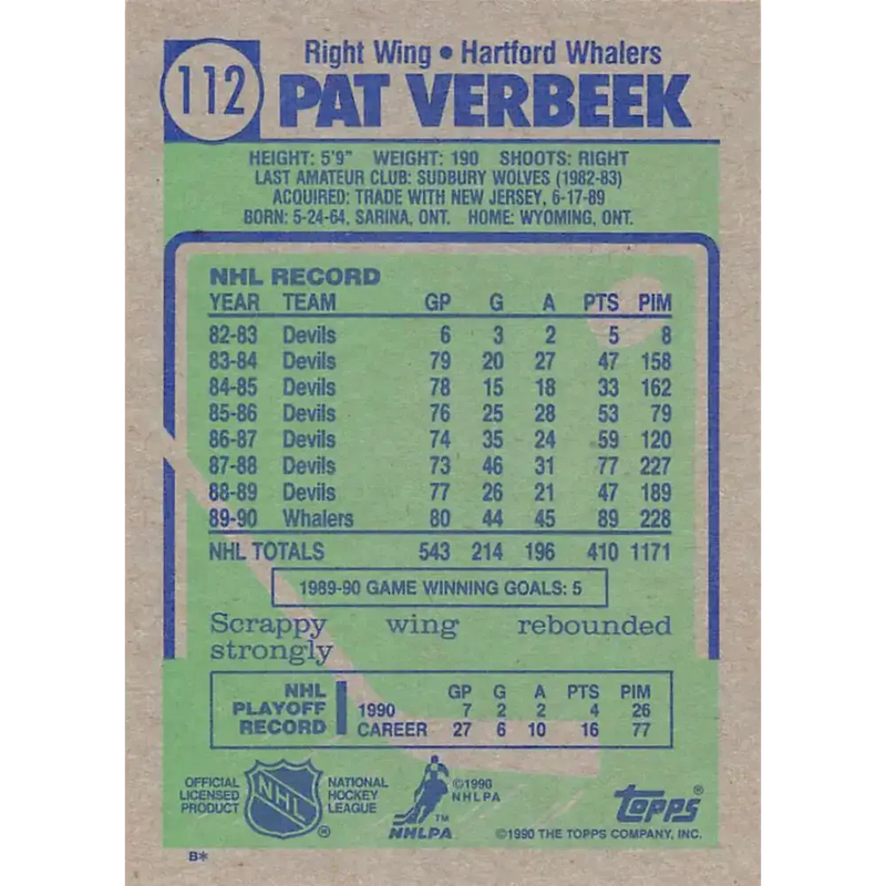 1990-91 Topps #112 Pat Verbeek NM-MT Hartford Whalers Hockey Card - Hockey Card Single