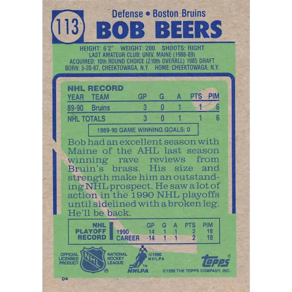 1990-91 Topps #113 Bob Beers NM-MT RC Rookie Hockey Card - Hockey Card Single